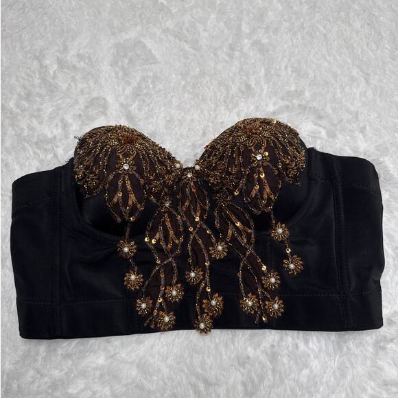 Beaded sequin 3D floral Crop bustier bra top gold black removable straps large - Picture 9 of 16